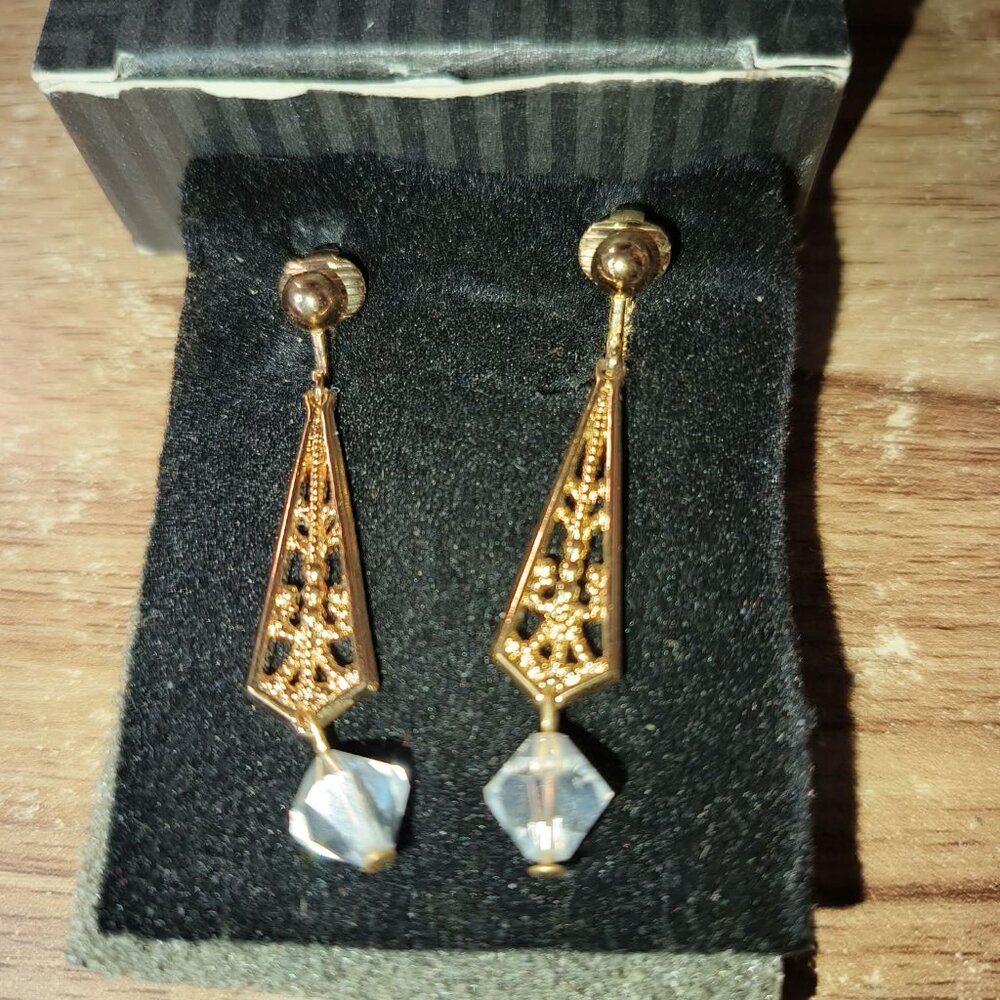 Vintage Avon 1992 - 2.5 Inch Gold Tone Filigree Genuine Crystal Dangle Earring